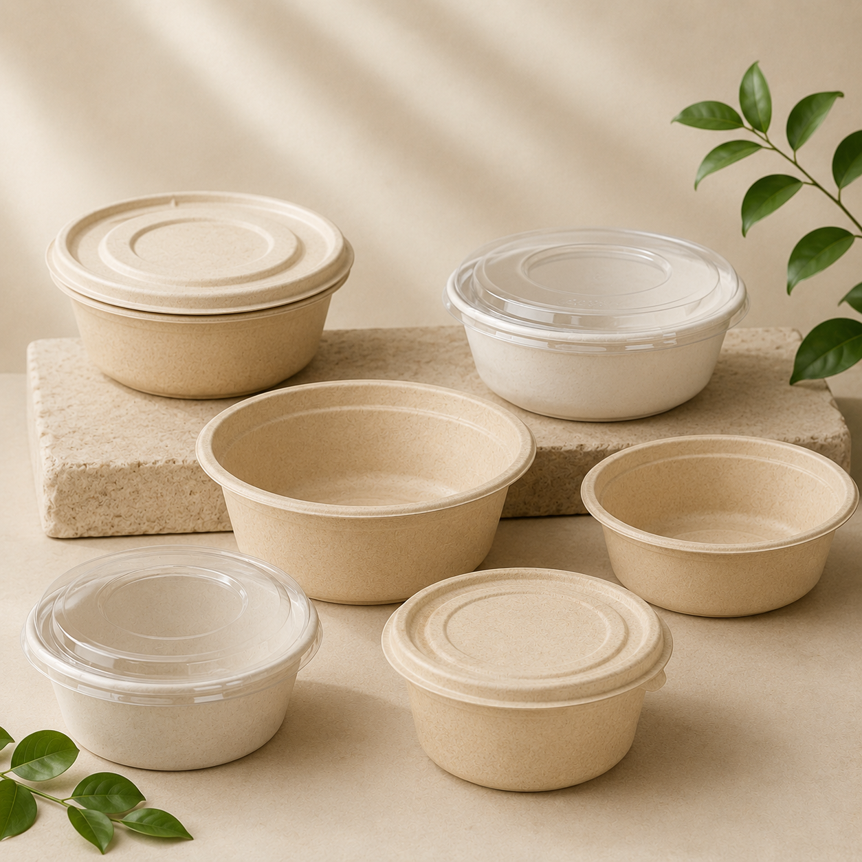 Plant-based food bowls with fiber, PP and RPET lid options