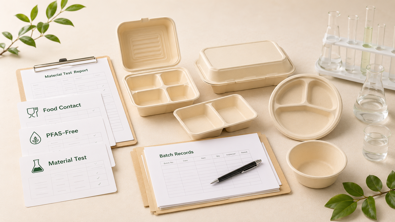 Food-contact, PFAS-free, material test and batch record documents for food packaging