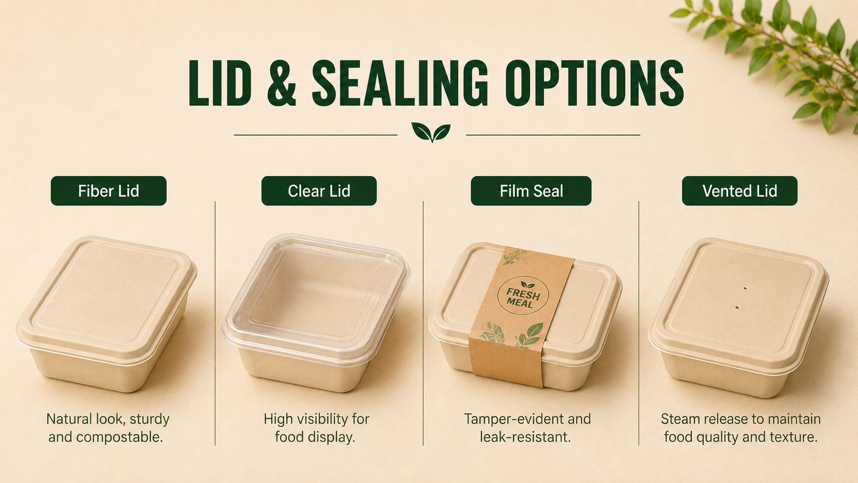 Fiber lid, clear lid, film seal and vented lid options for food containers