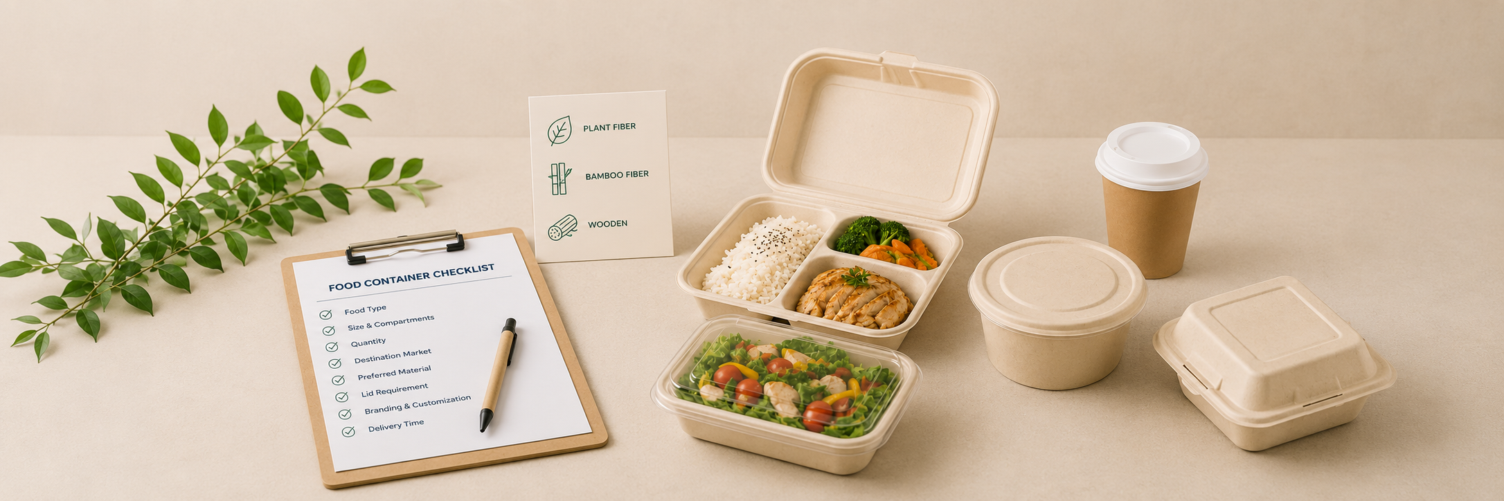 Food container selection guide with plant fiber containers, lids and packaging checklist