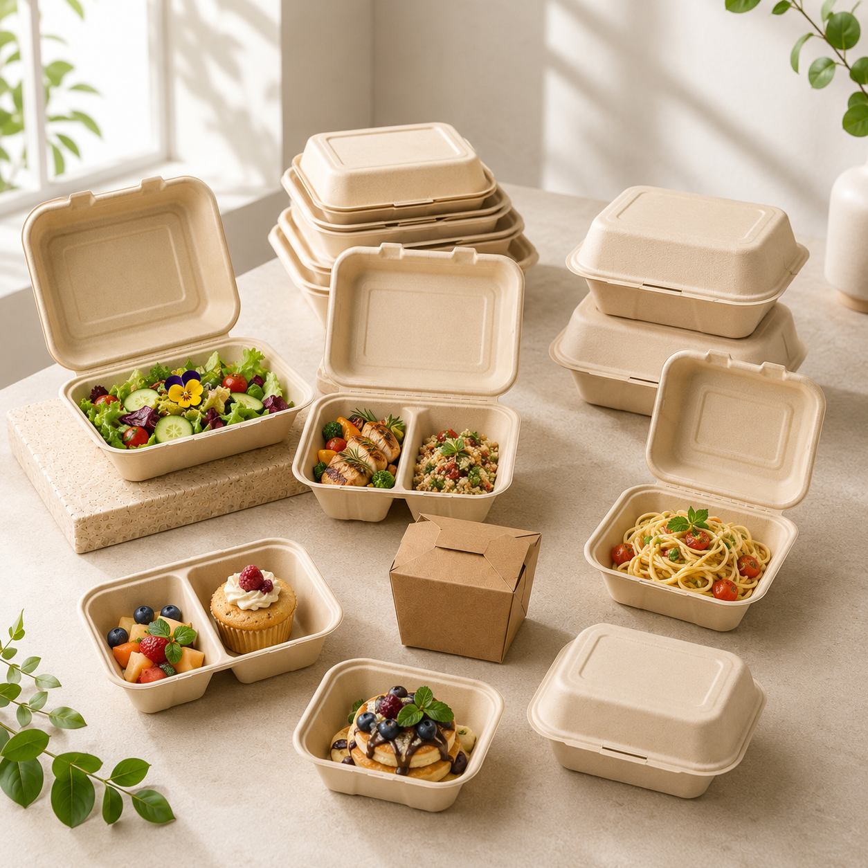 Bamboo fiber and plant fiber food containers and clamshells