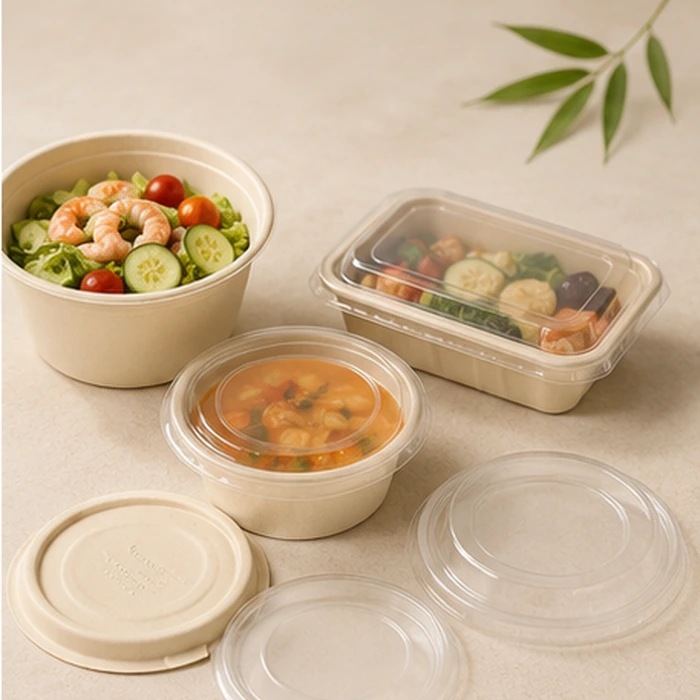 Food bowls and containers with matching clear and fiber lids