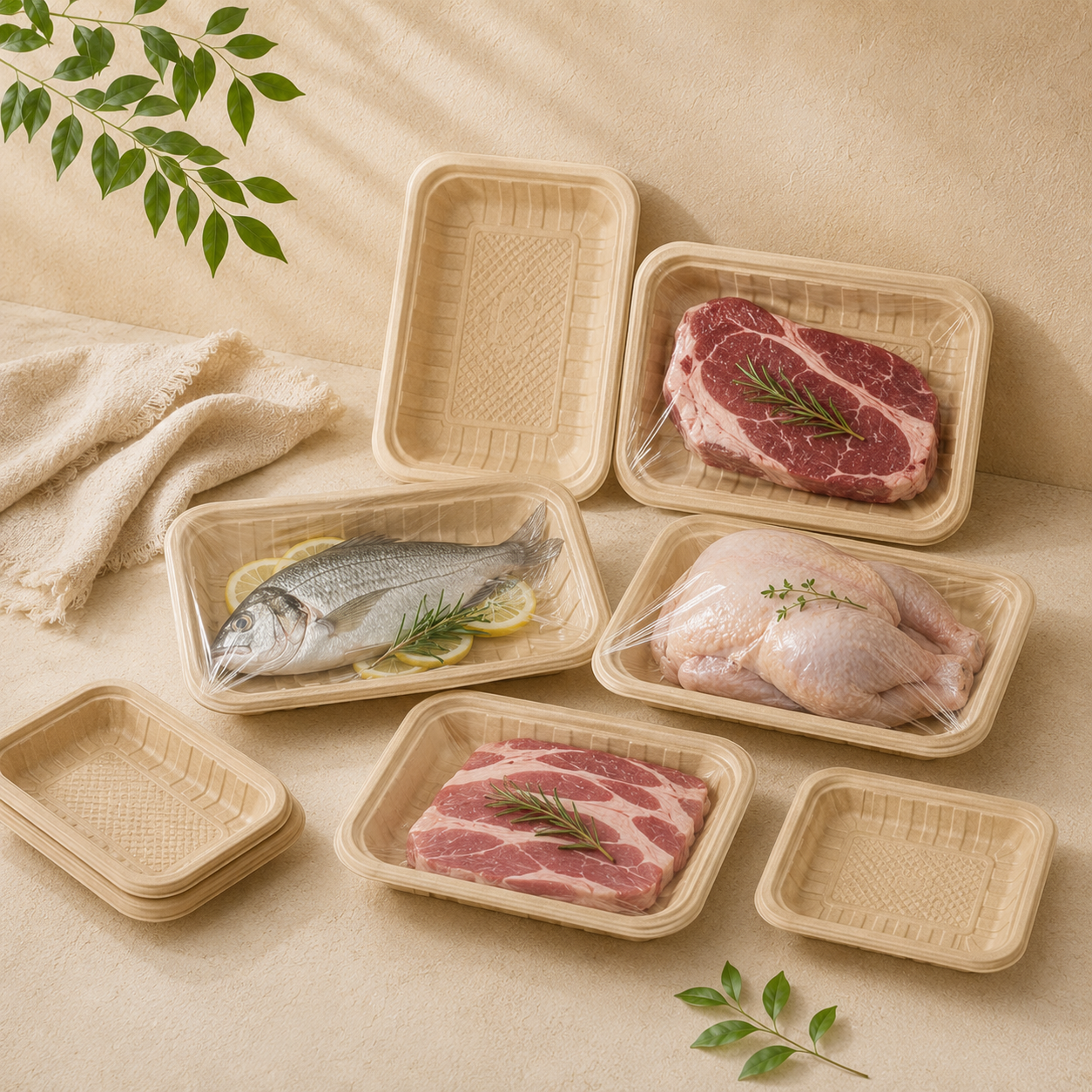 Fresh food packaging trays made from molded fiber for meat seafood poultry and supermarket retail applications