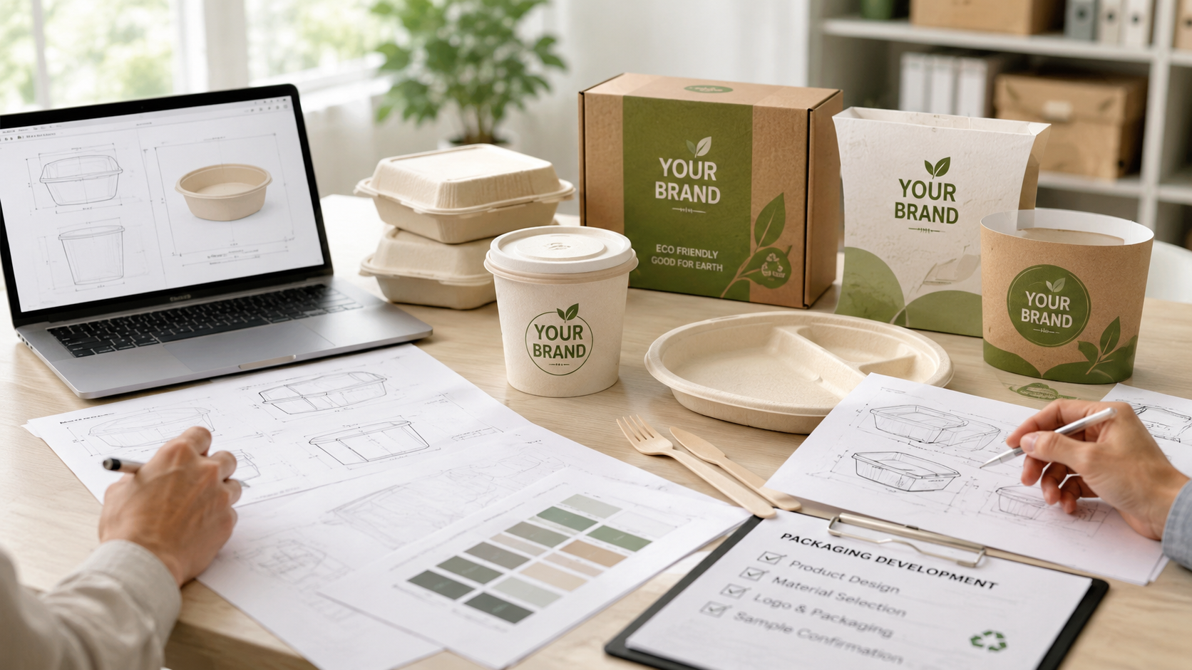 OEM food packaging development from product design to mass production with bamboo fiber containers and packaging samples