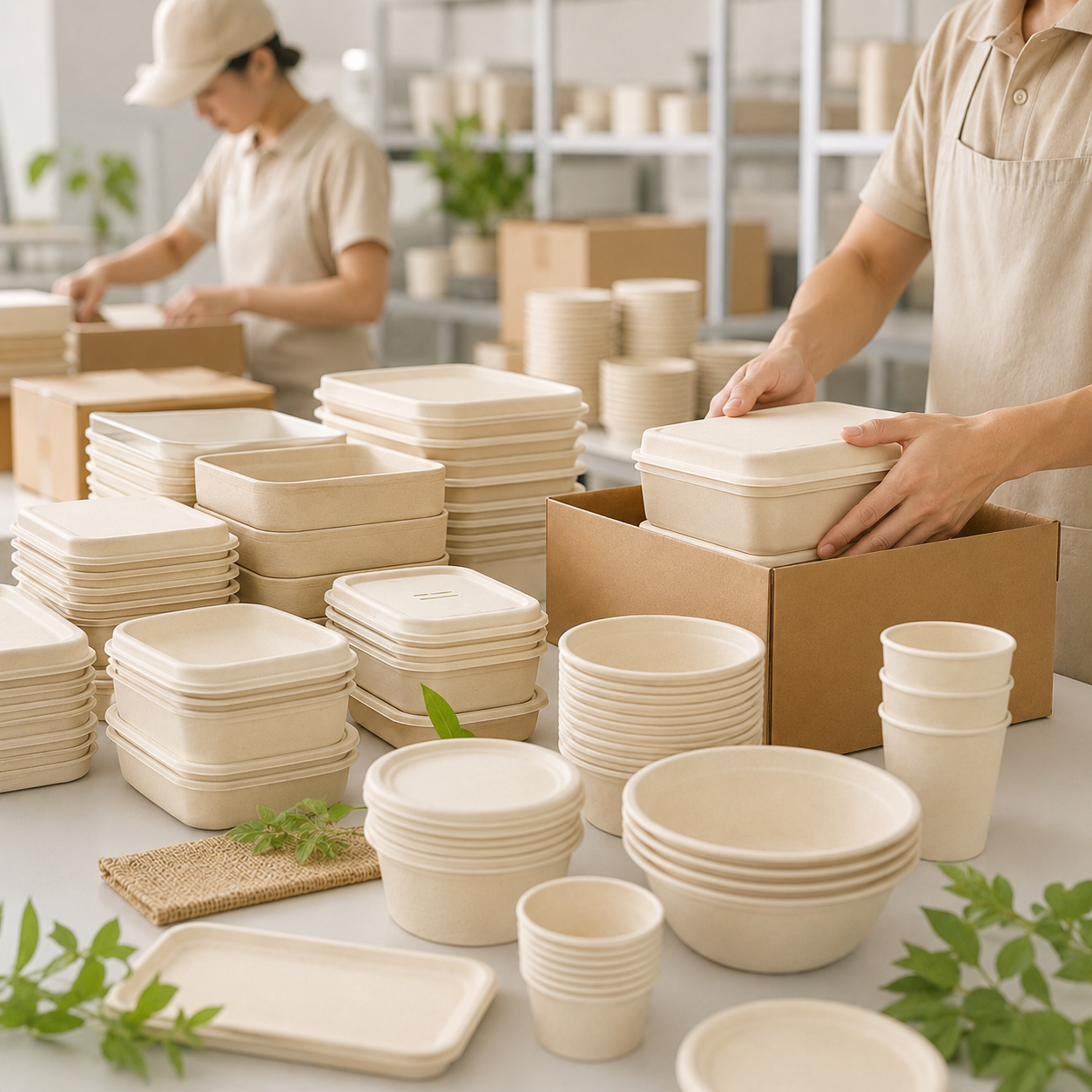Mass production and packing of bamboo fiber food containers, bowls and cups