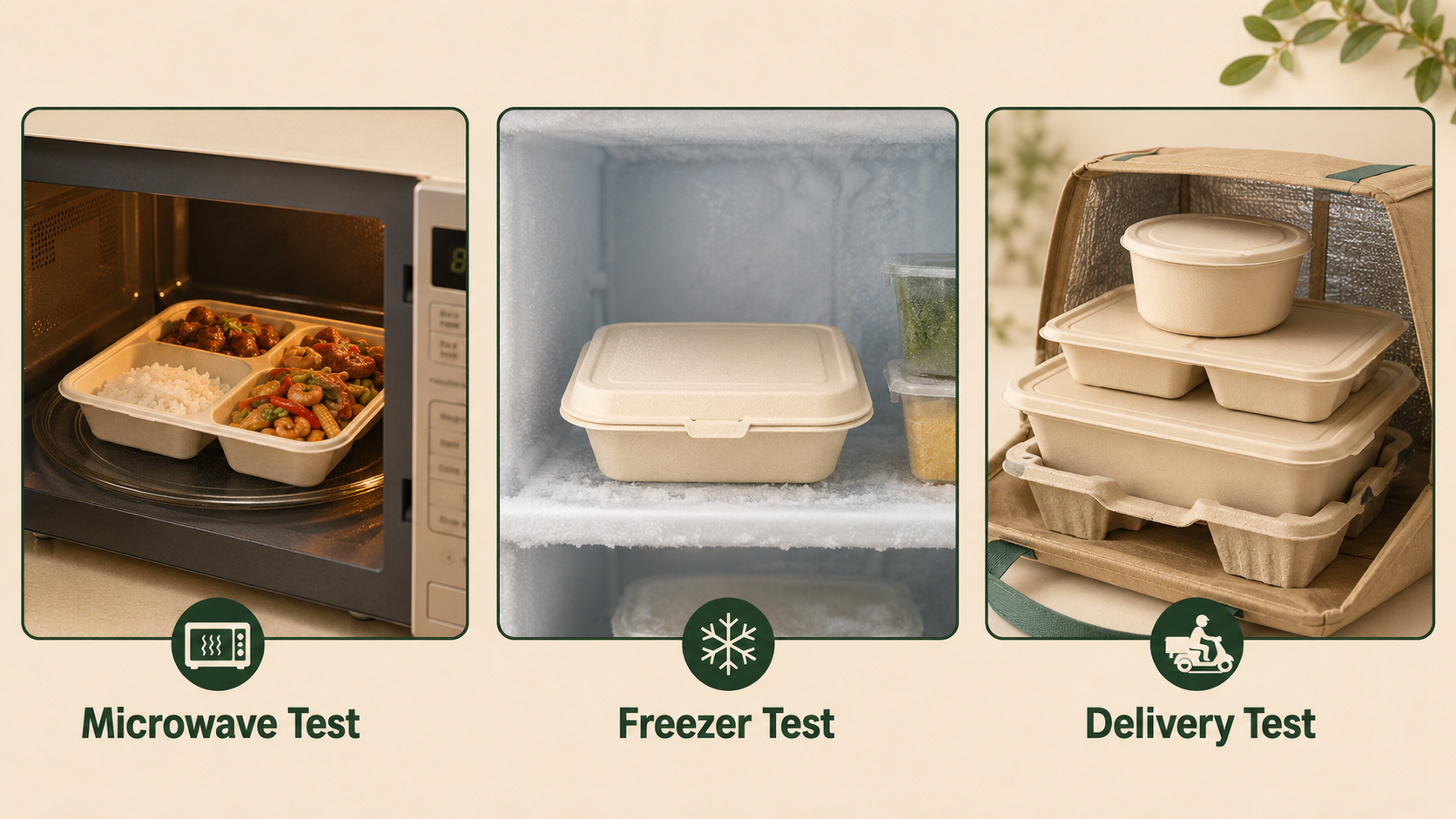 Microwave, freezer and delivery testing for bamboo fiber food containers