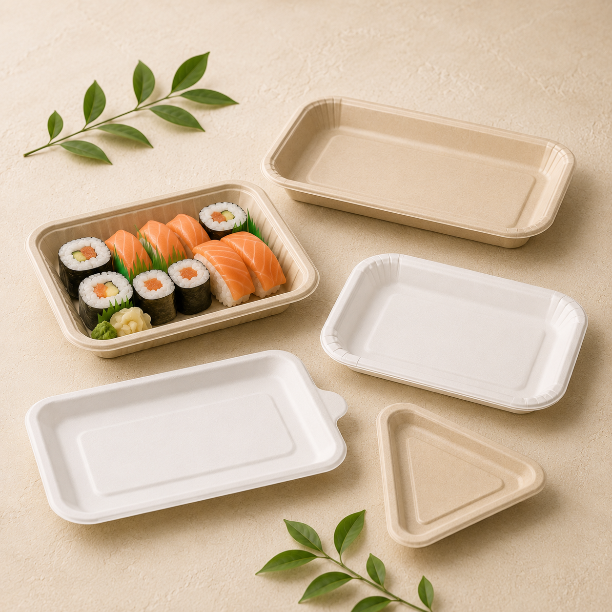 Molded fiber foodservice trays for sushi bakery takeaway catering and specialty food packaging