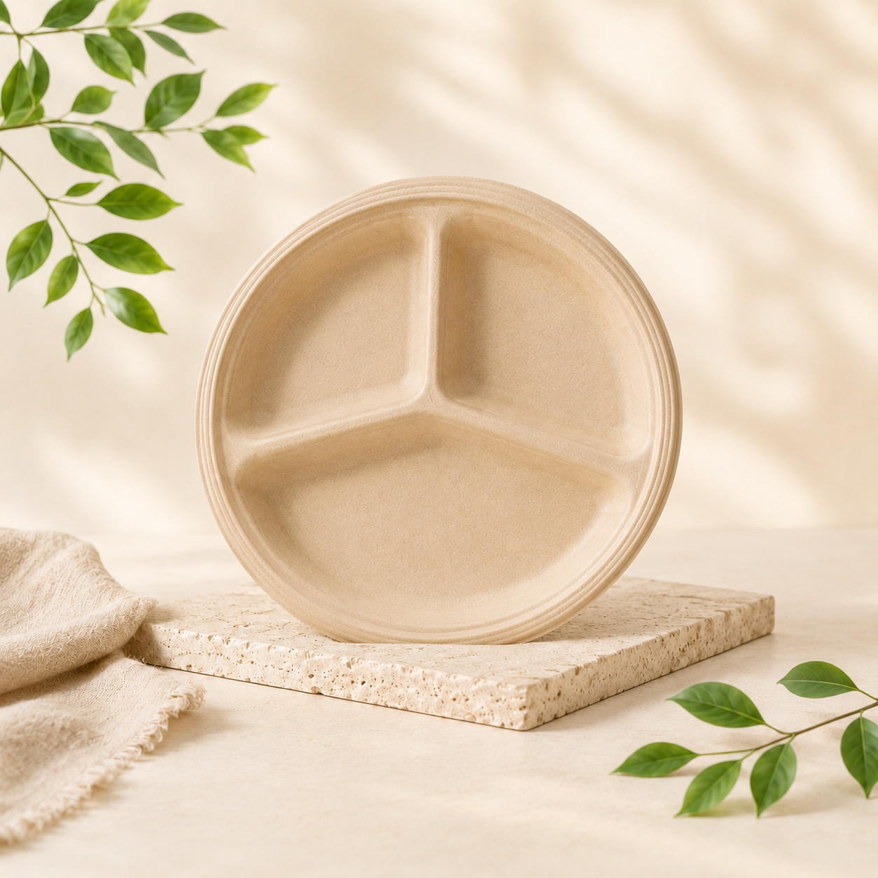 9 inch 3 compartment bamboo fiber plate for separated meals