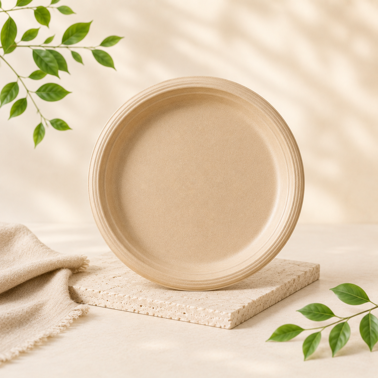 9 inch disposable bamboo fiber round plate for meals and takeaway