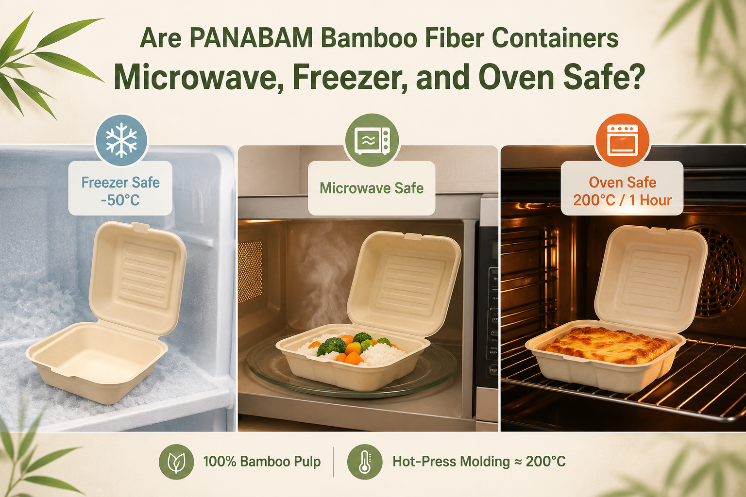Bamboo fiber container used in freezer, microwave, and conventional oven applications
