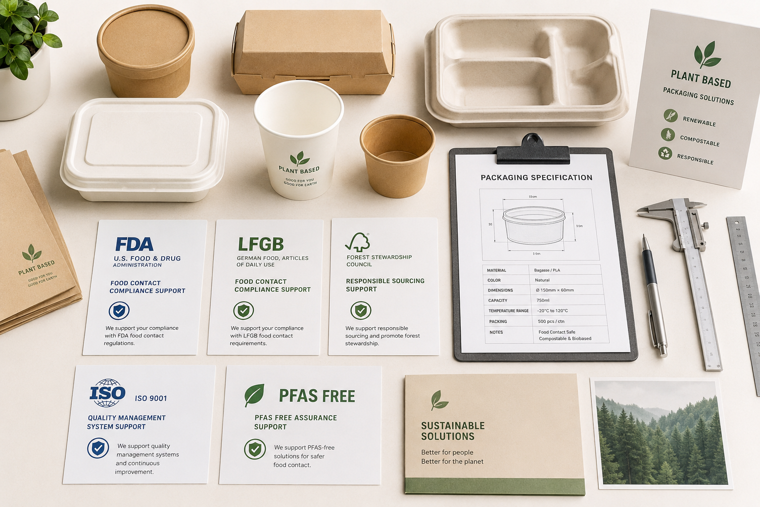 Plant-based food packaging certificates and testing support for food-contact compliance