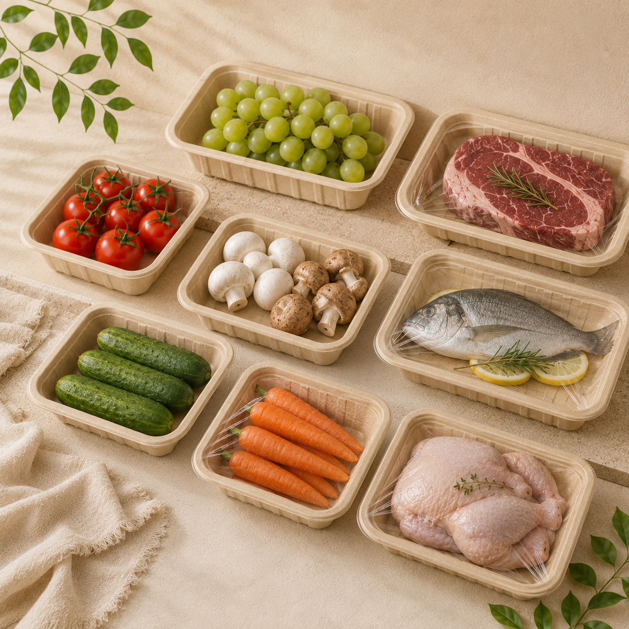 Plant based food trays for fresh produce meat seafood and vegetable packaging