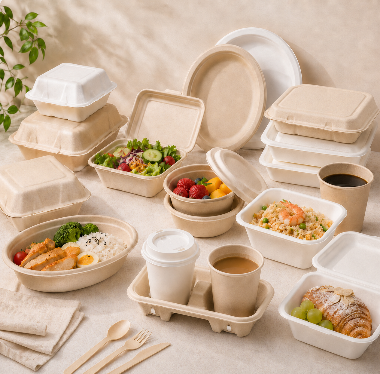 Plant fiber food containers, bowls, plates, cups and takeaway packaging