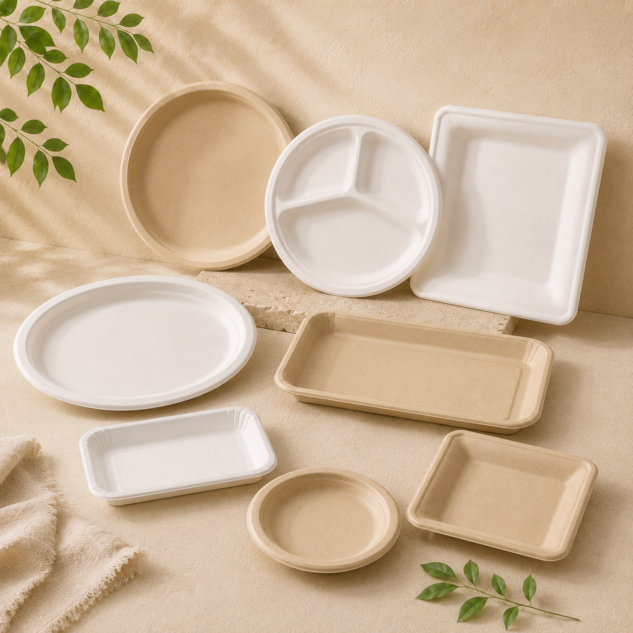 Plant fiber plates and trays in multiple shapes and sizes for catering, takeaway and wholesale food packaging