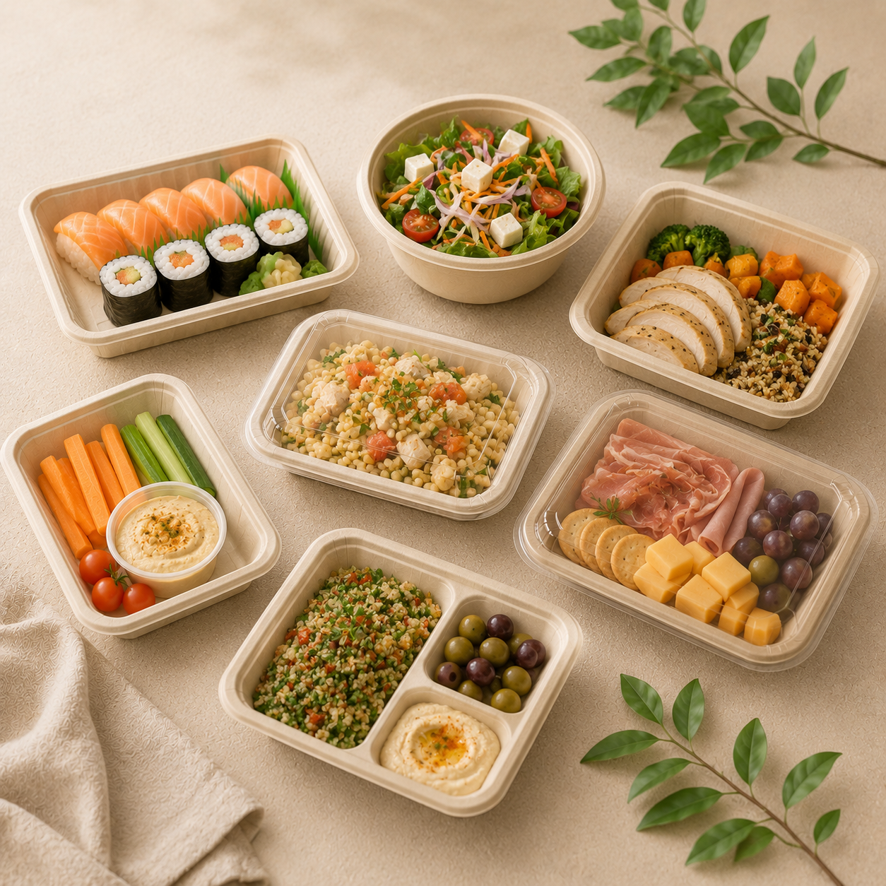 Plant fiber food trays for deli products ready meals and supermarket packaging