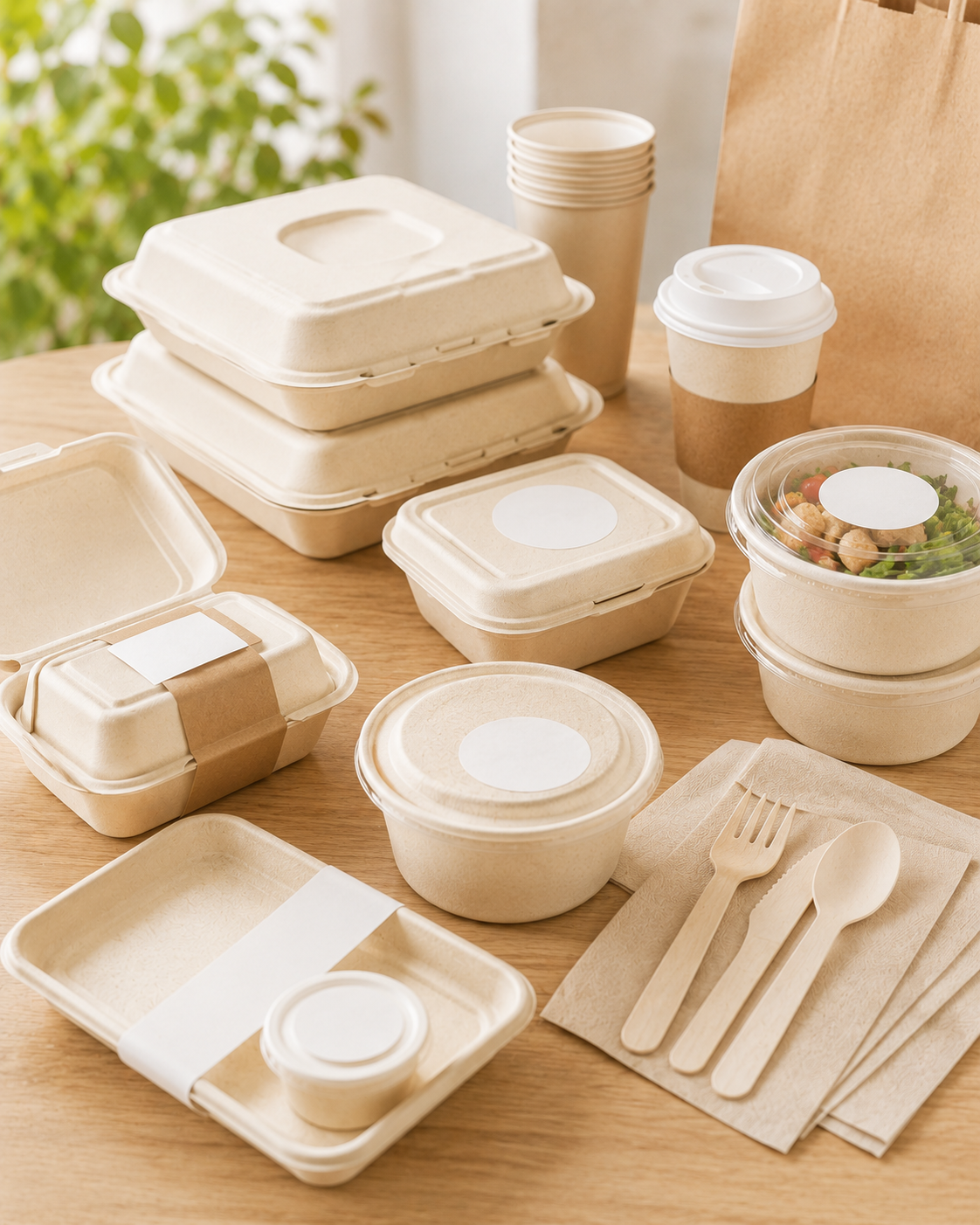 Private label food packaging with bamboo fiber containers, cups, cutlery and OEM packaging solutions