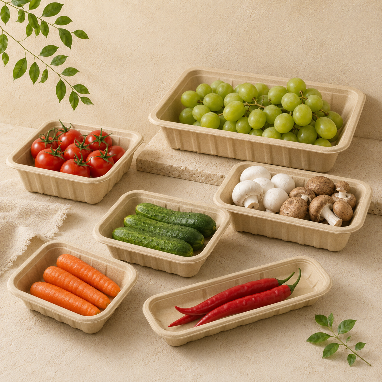 Produce packaging trays made from molded fiber for fruits vegetables mushrooms and supermarket displays