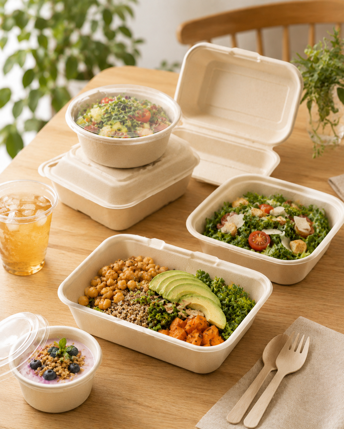 Bamboo fiber bowls, cups and wooden cutlery for restaurants and cafes