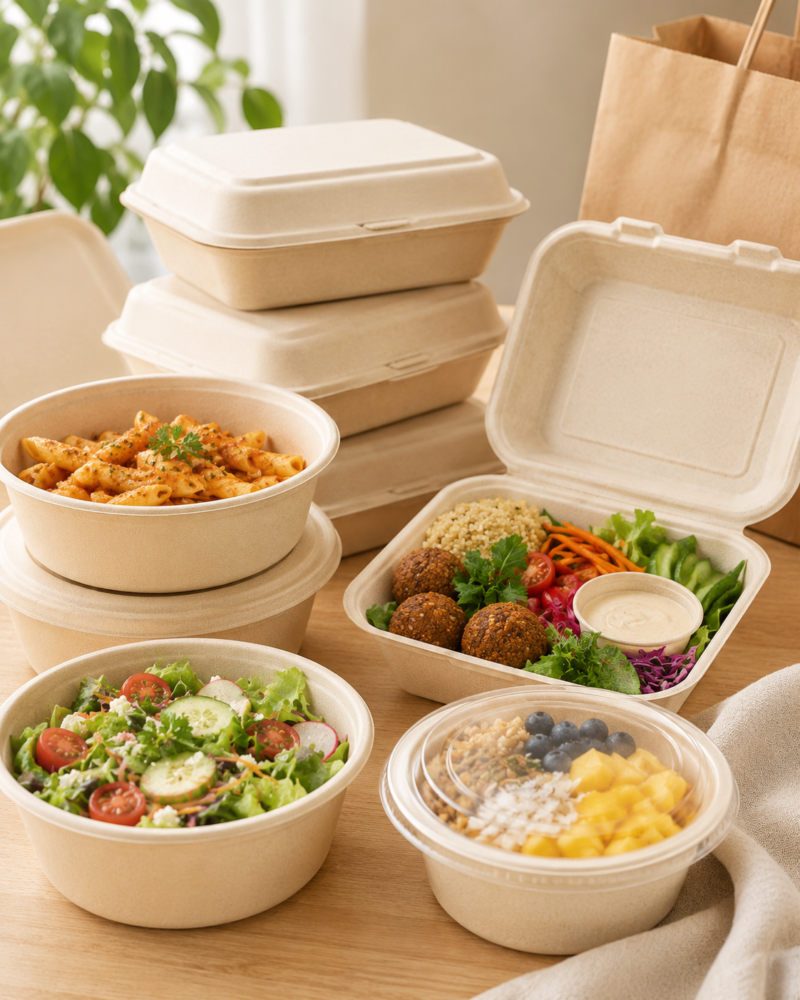 Bamboo fiber containers and bowls for retail food packaging and ready-to-eat meals