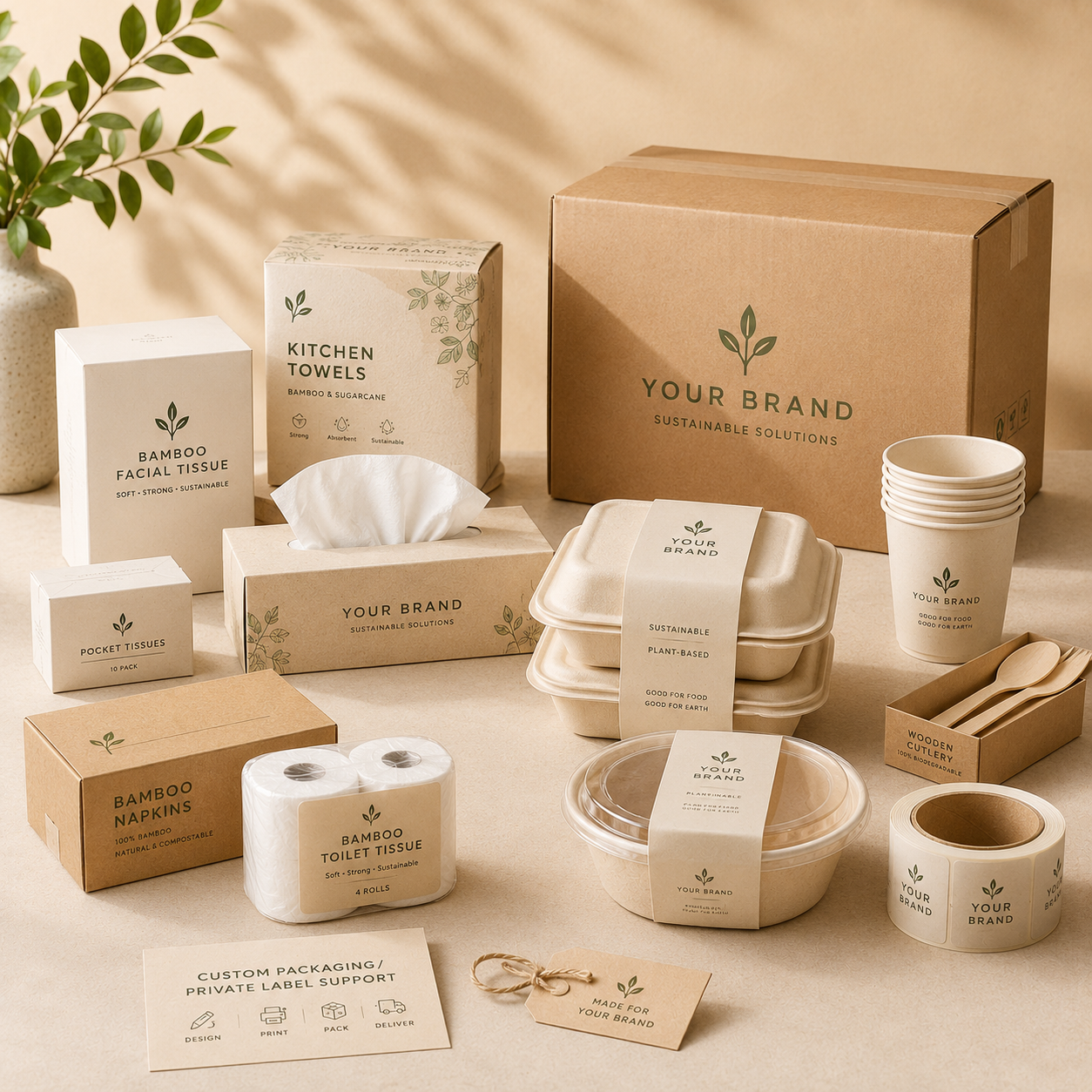 Private label food packaging and bamboo tissue products