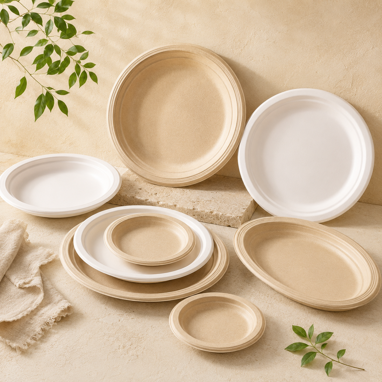 Round and oval disposable plates made from bamboo fiber for catering restaurants events and foodservice applications