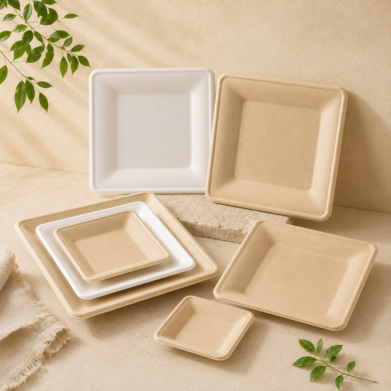 Square disposable plates made from molded fiber for premium catering food presentation and restaurant service