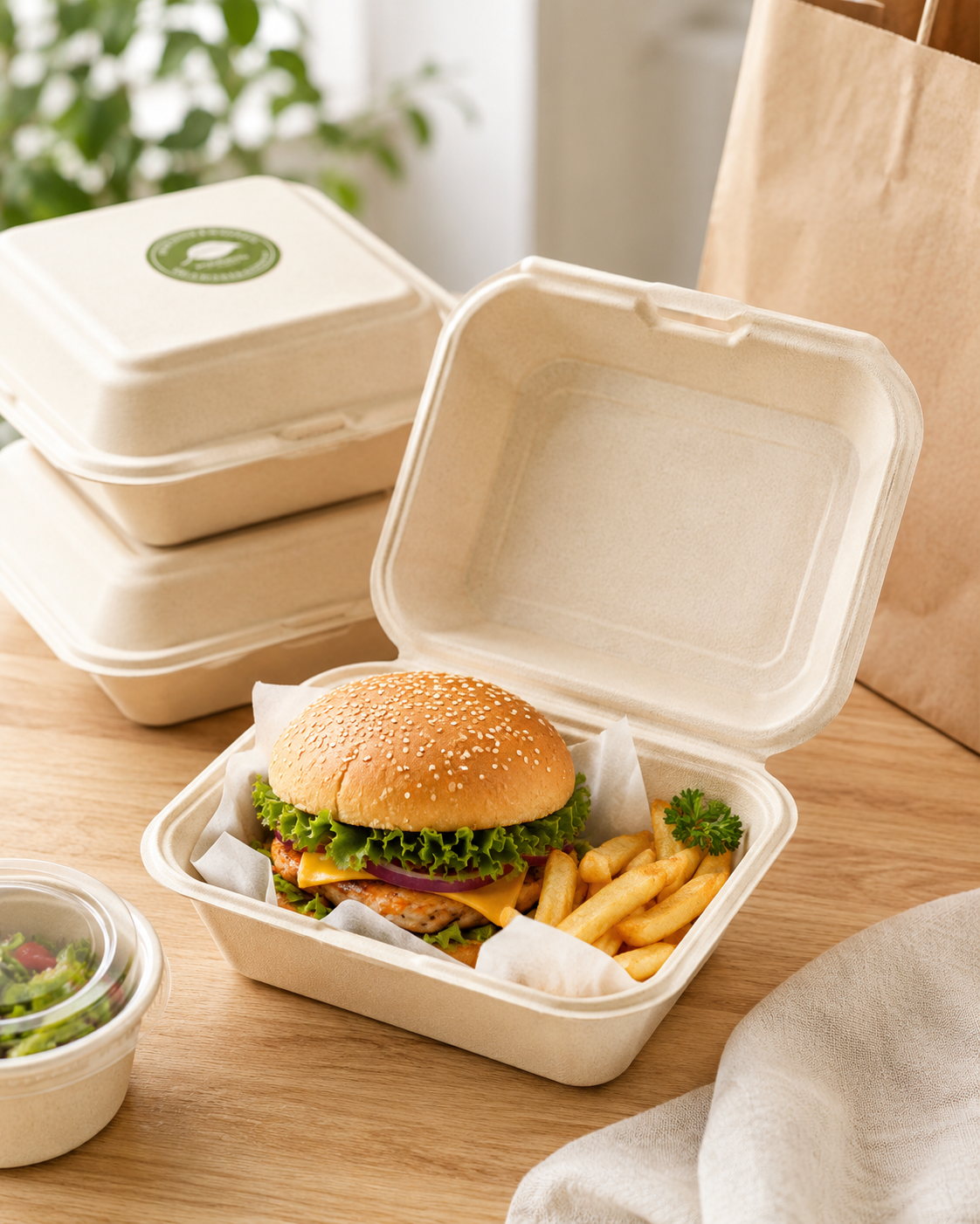 Bamboo fiber clamshell food containers for takeaway and delivery packaging