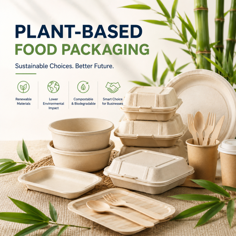 Plant-based food packaging made from bamboo fiber, bowls, containers, cups and wooden cutlery