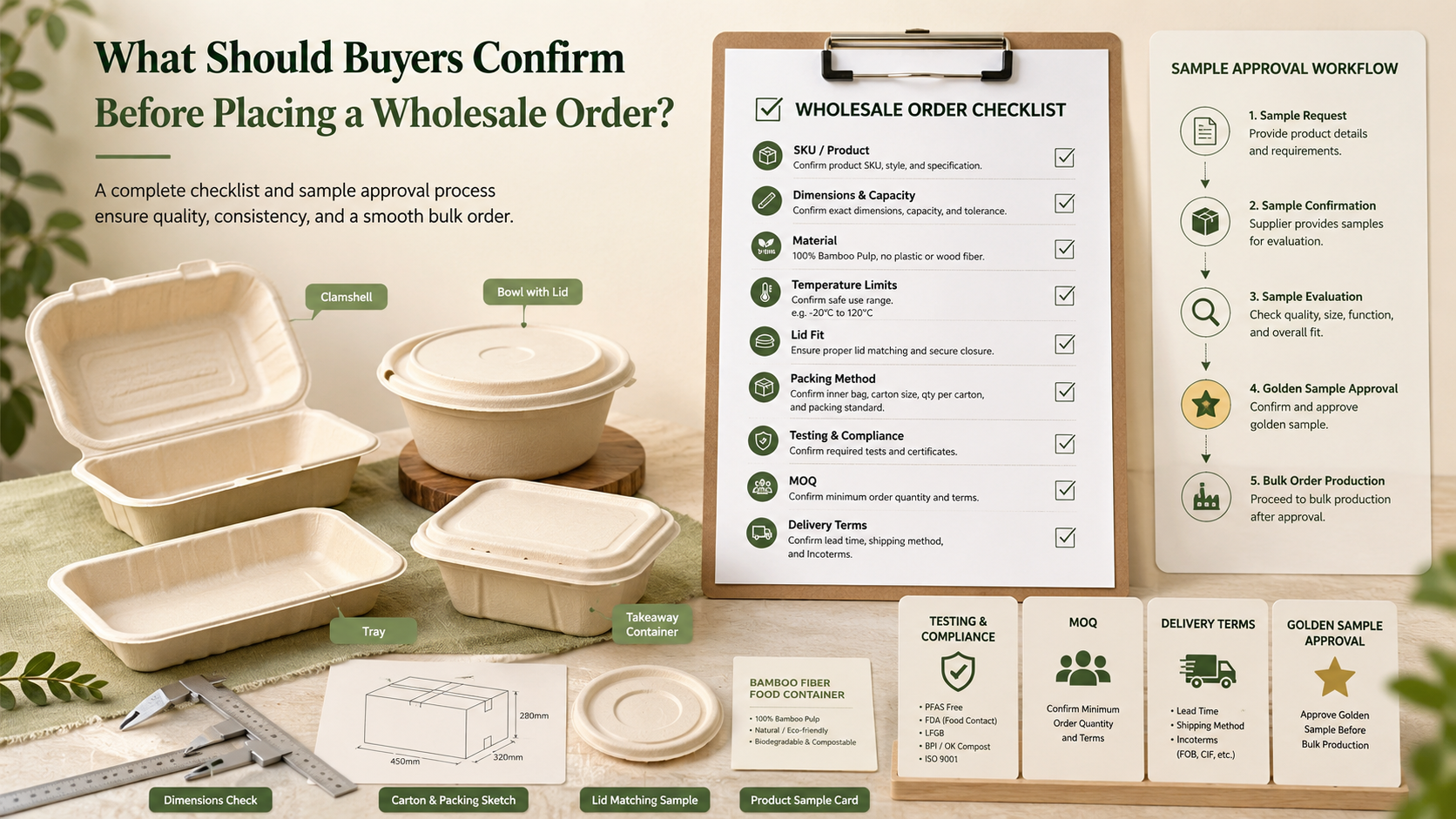 Wholesale bamboo fiber food container specifications and sample approval process