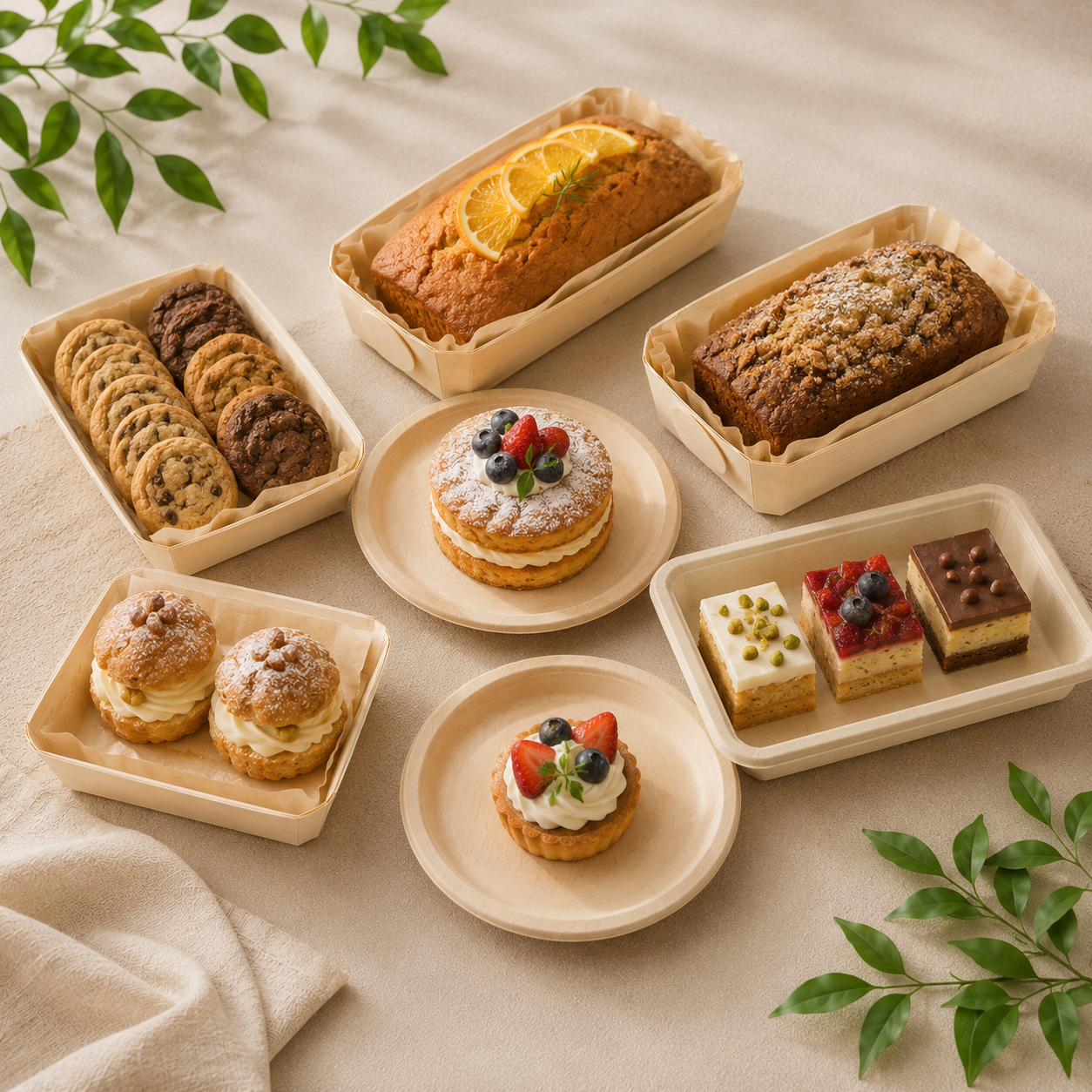 Disposable wooden trays and bamboo fiber plates for bakery products and desserts