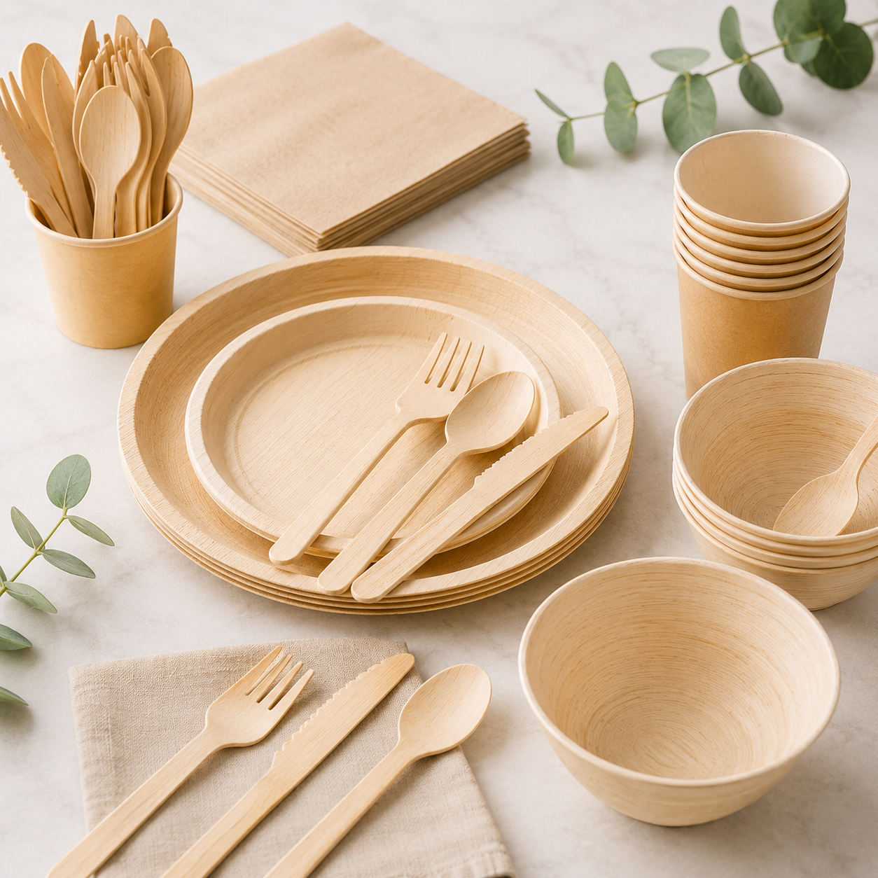 Wooden cutlery and tableware accessories for custom food packaging and sustainable foodservice