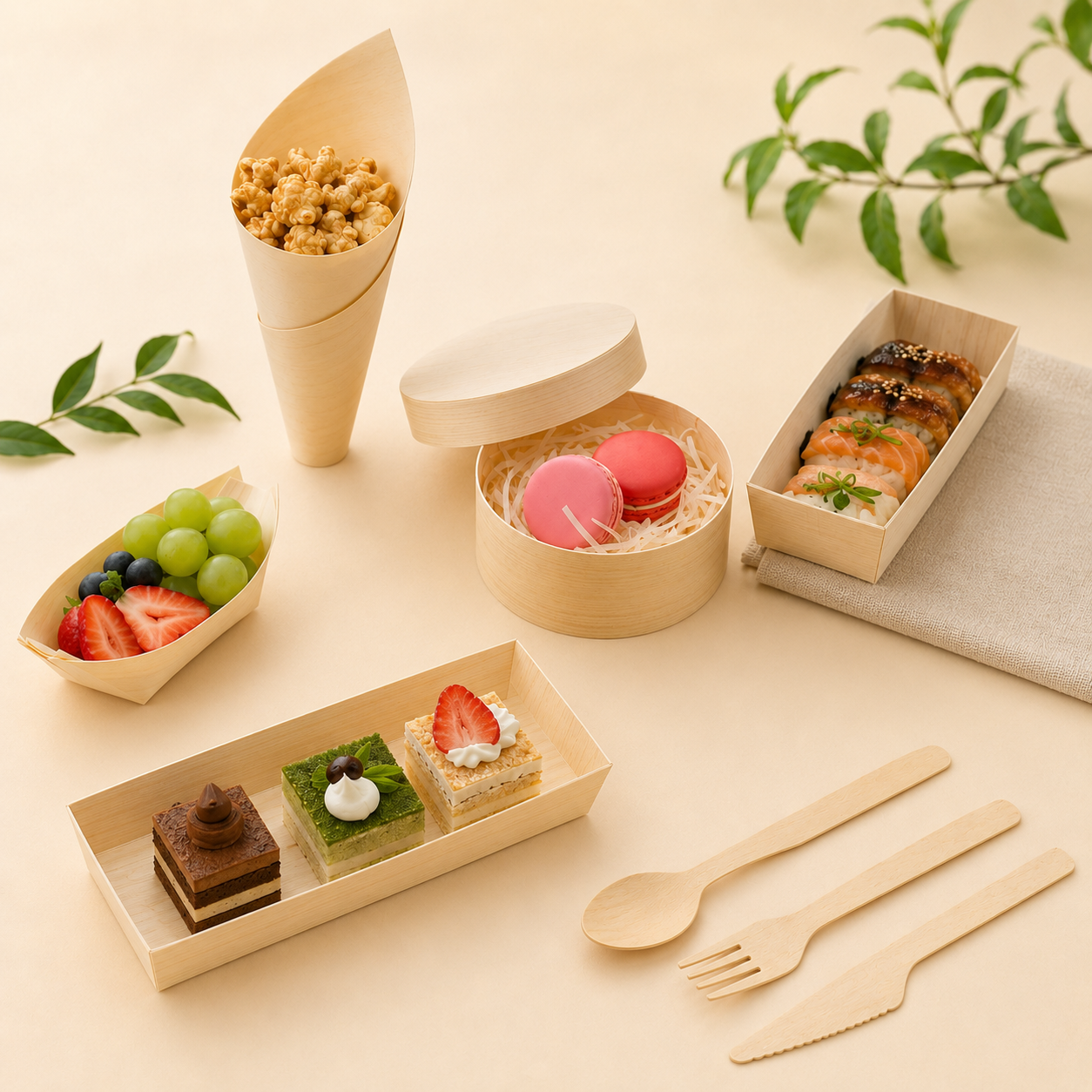 Wooden food packaging, serving trays and disposable tableware