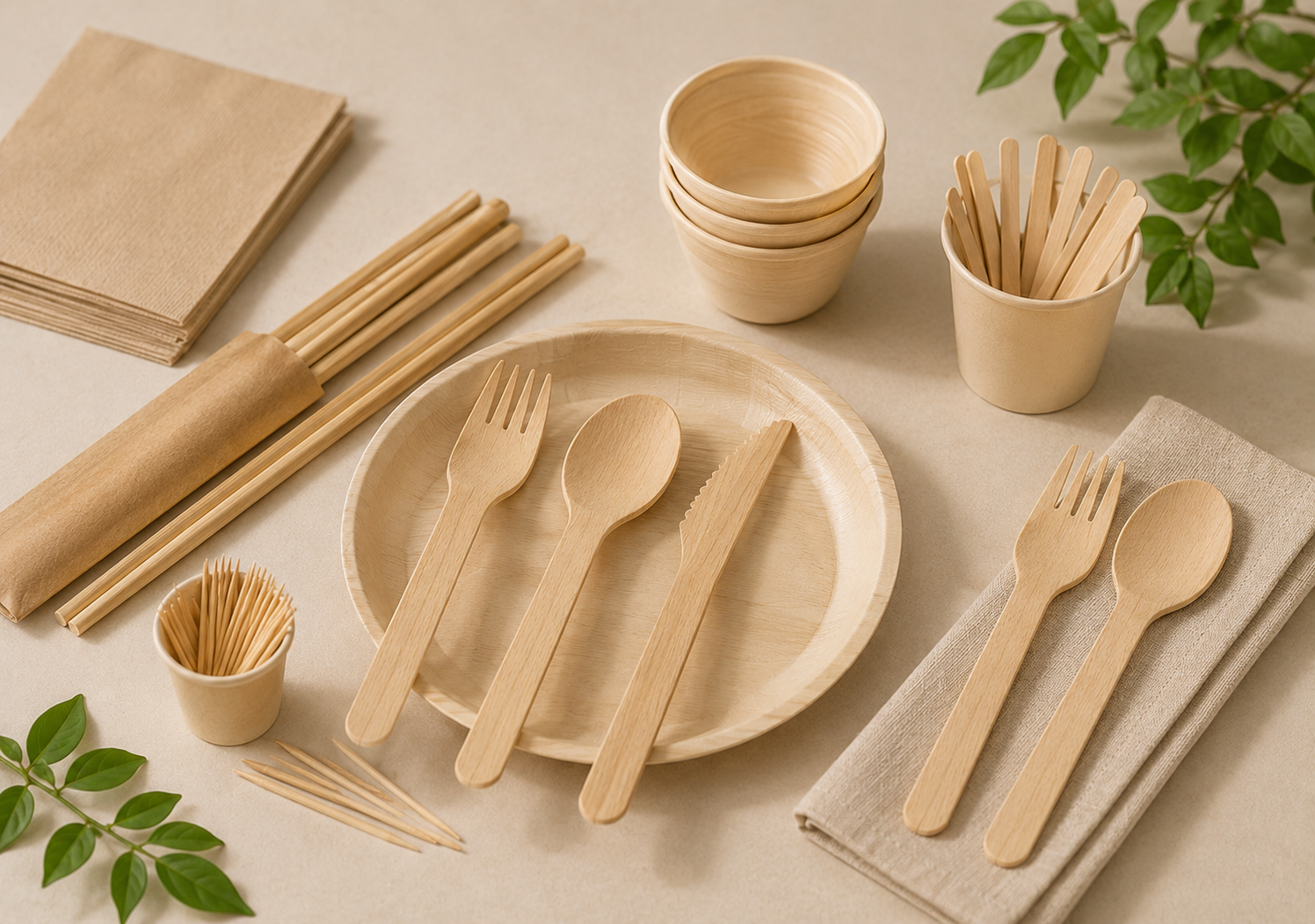 Wooden forks, spoons, knives and tableware accessories for sustainable foodservice