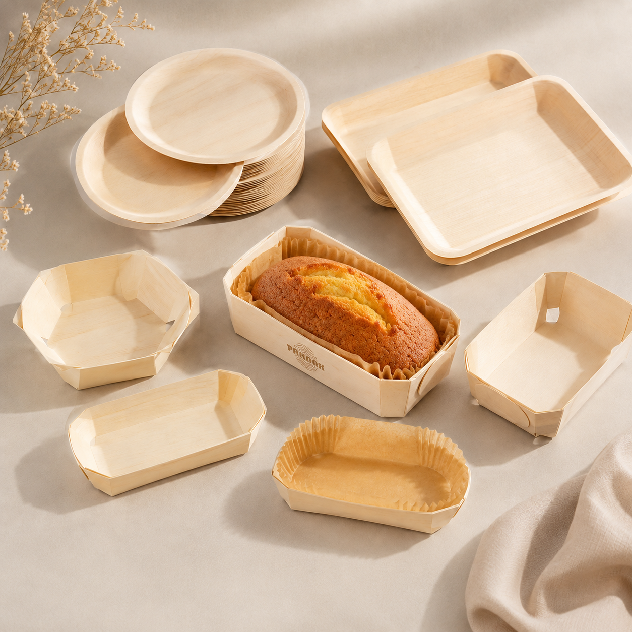 Disposable wooden serving plates and trays for bakery, catering, takeaway and food presentation