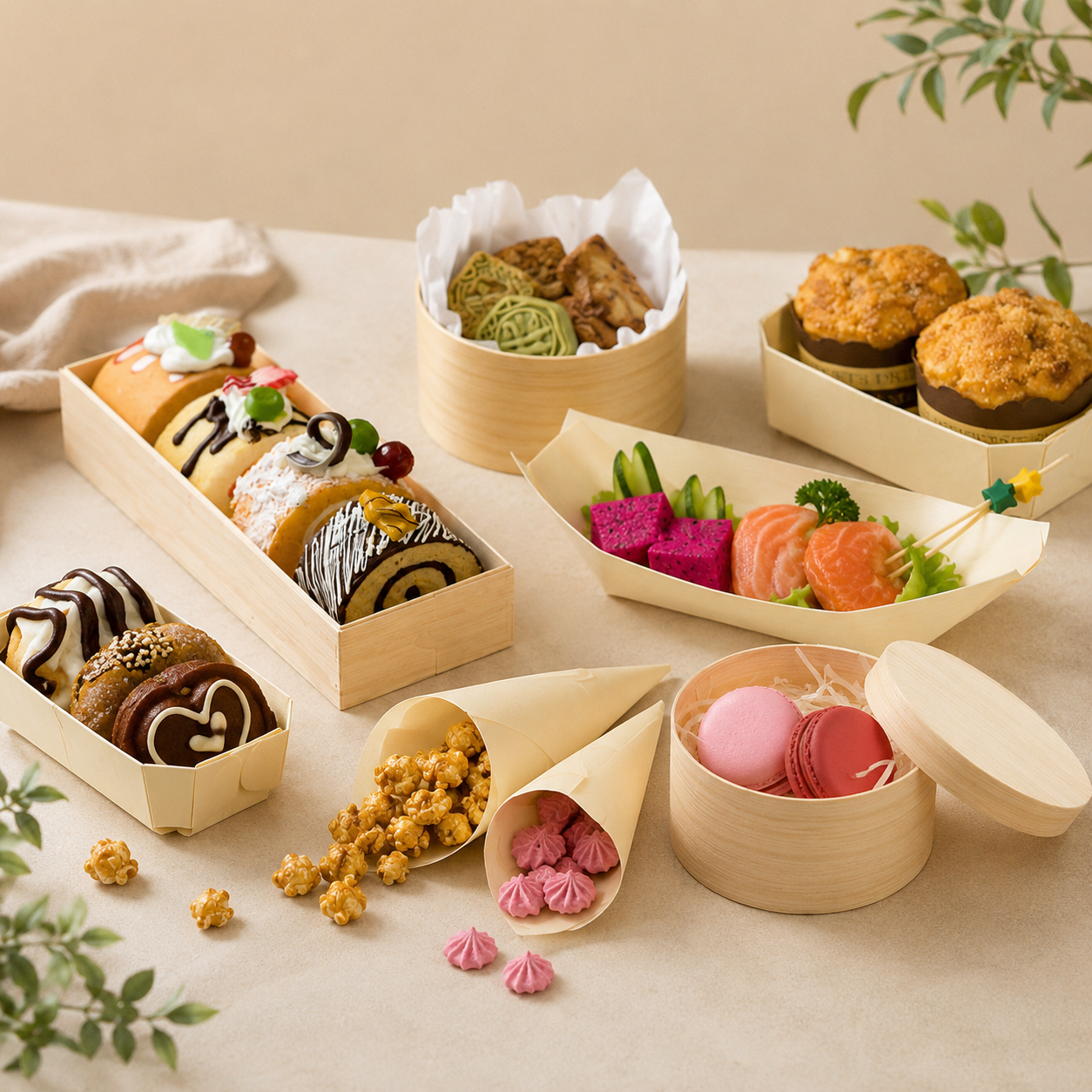 Wooden boats, serving trays and specialty food packaging