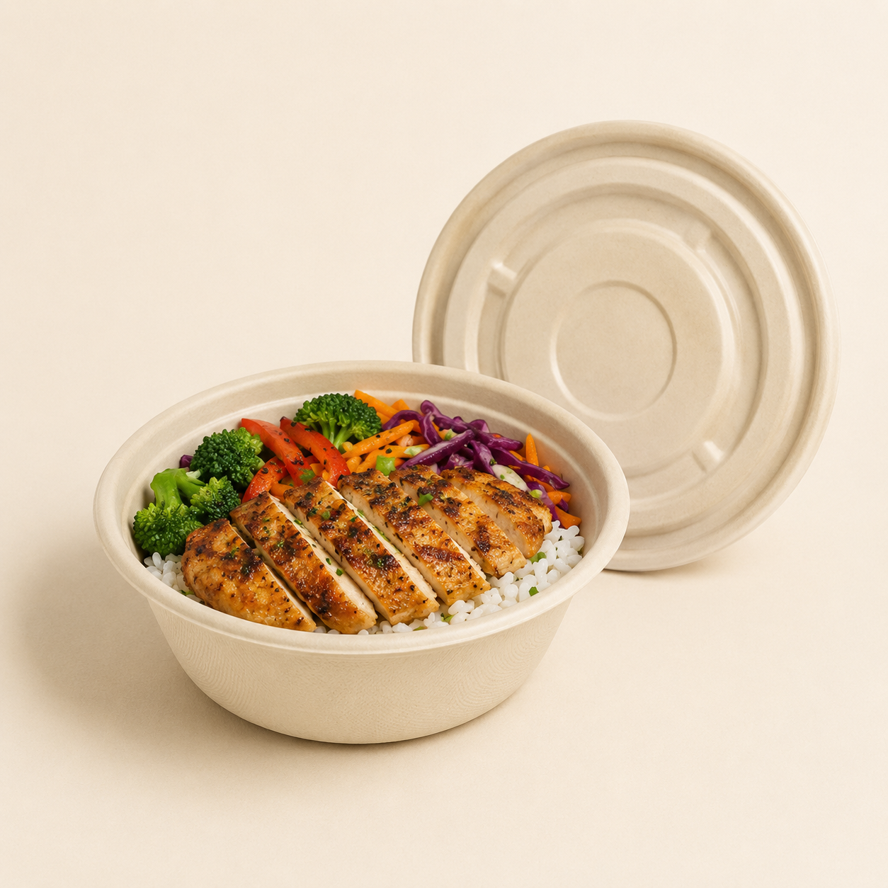 750 to 1000 ml bamboo fiber takeaway bowl with matching molded fiber lid