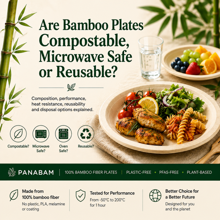 PANABAM bamboo fiber plates illustrating compostability, microwave safety, oven use and reusability