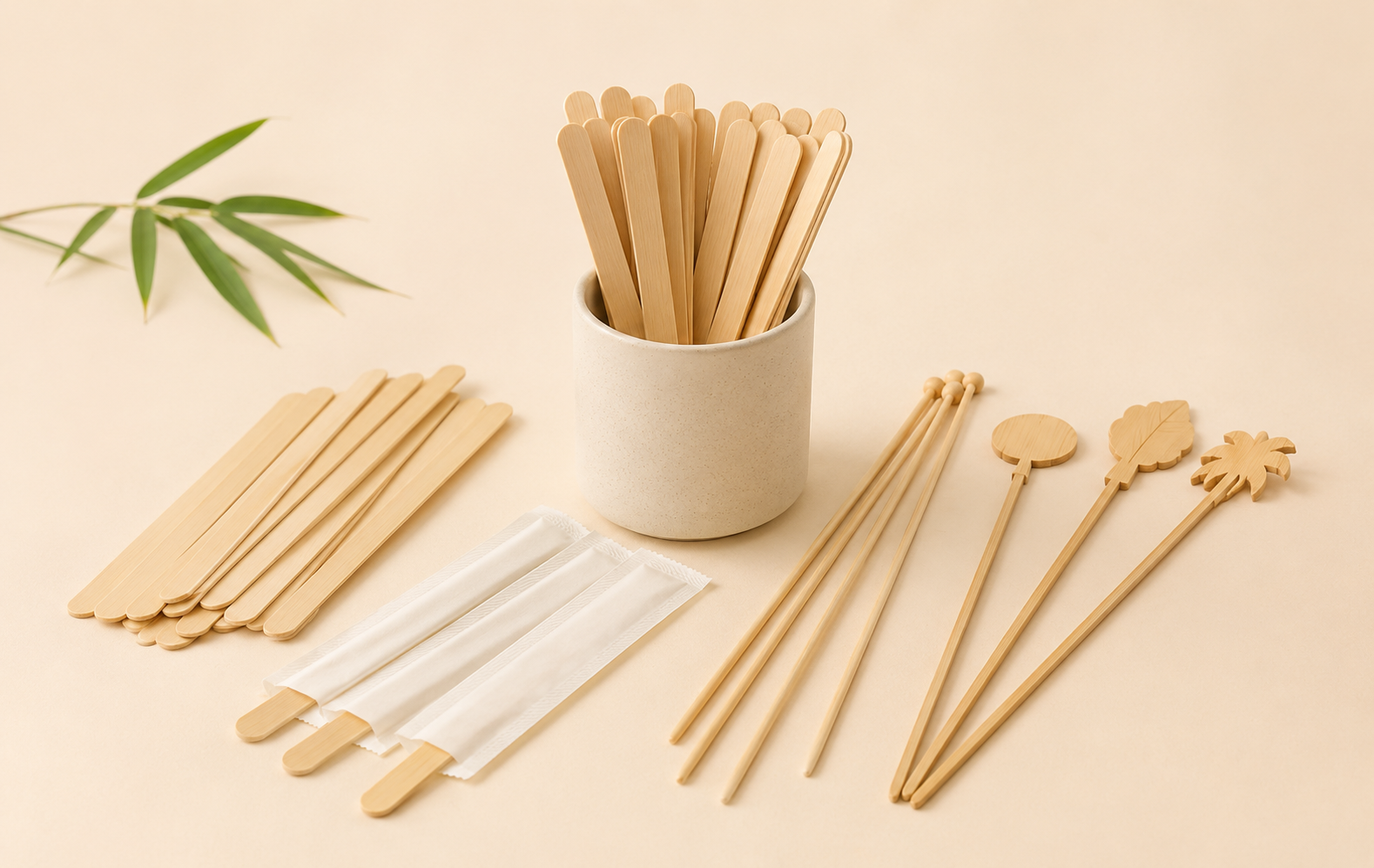Bamboo coffee stirrers and decorative cocktail stirrers for commercial beverage service