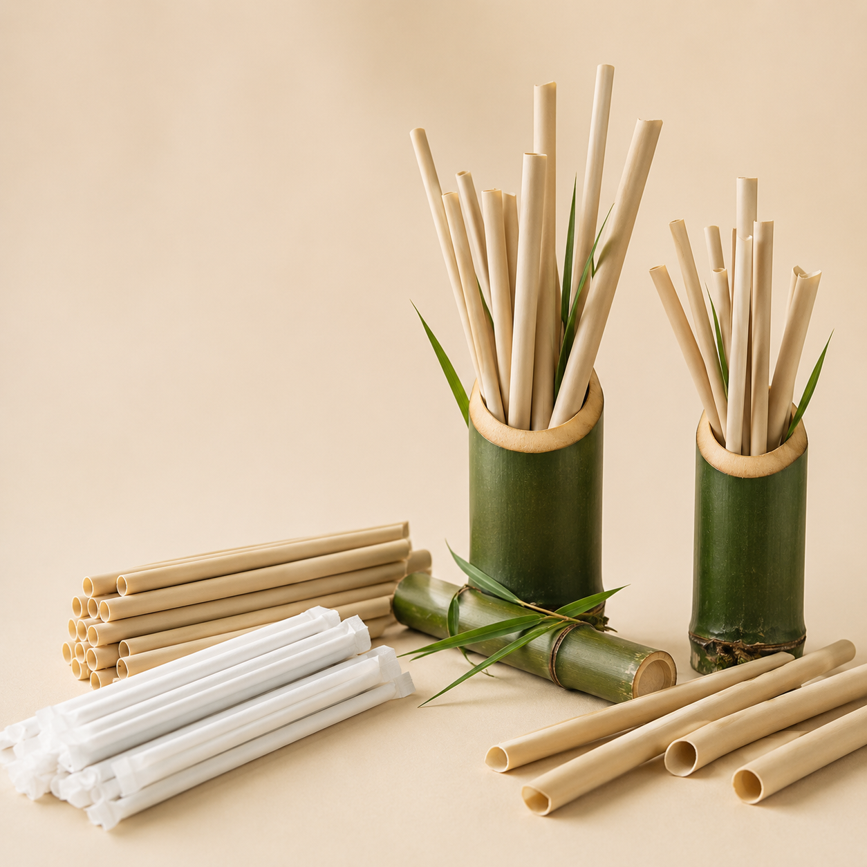Bamboo fiber and natural bamboo drinking straws for beverage service