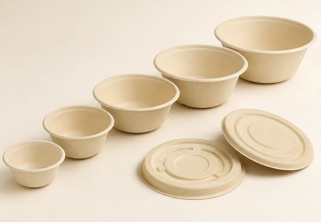 Five bamboo fiber bowl capacities from 300 ml to 1500 ml with matching molded fiber lids