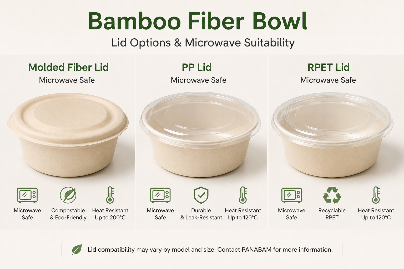Bamboo fiber bowl with molded fiber PP and RPET lid options for foodservice applications