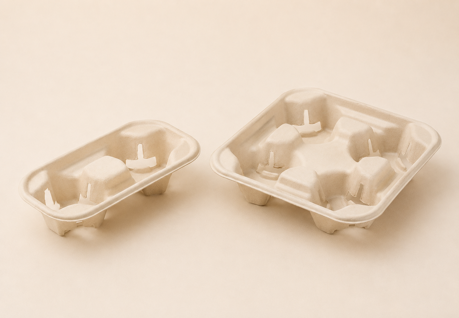 Bamboo fiber 2-cup and 4-cup carriers for takeaway beverages