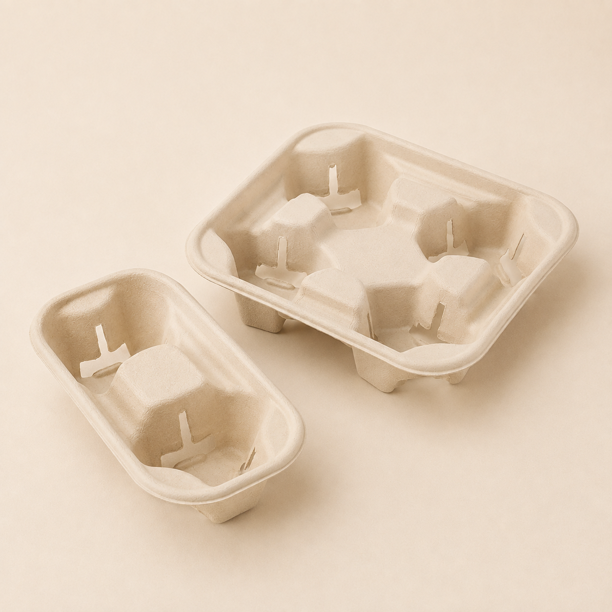 Bamboo fiber 2-cup and 4-cup carriers for takeaway beverages