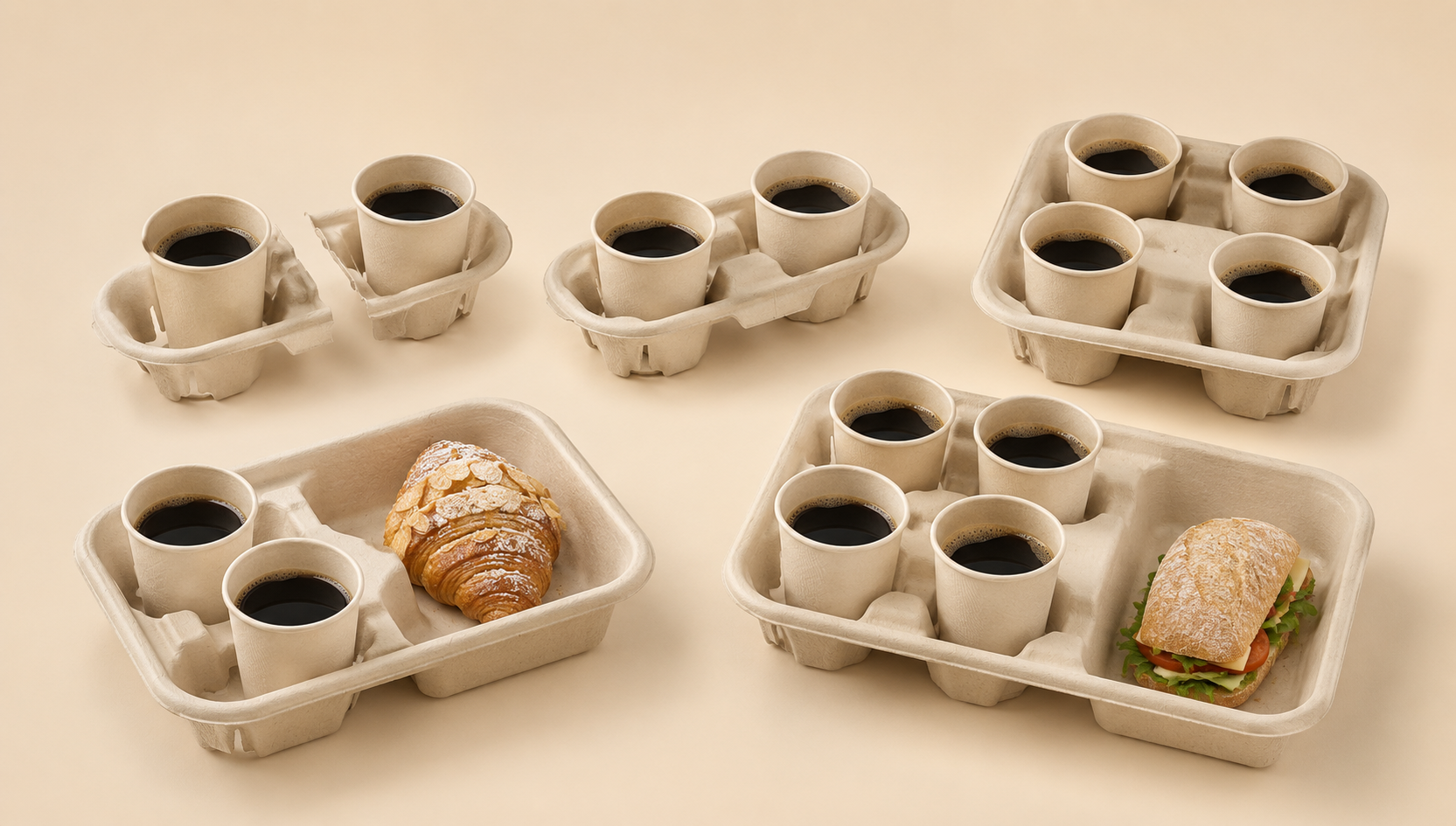 Bamboo fiber cup carriers and drink trays for takeaway delivery and foodservice
