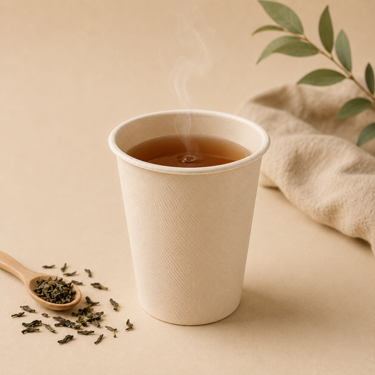 Molded bamboo fiber cup for hot tea and brewed beverage service