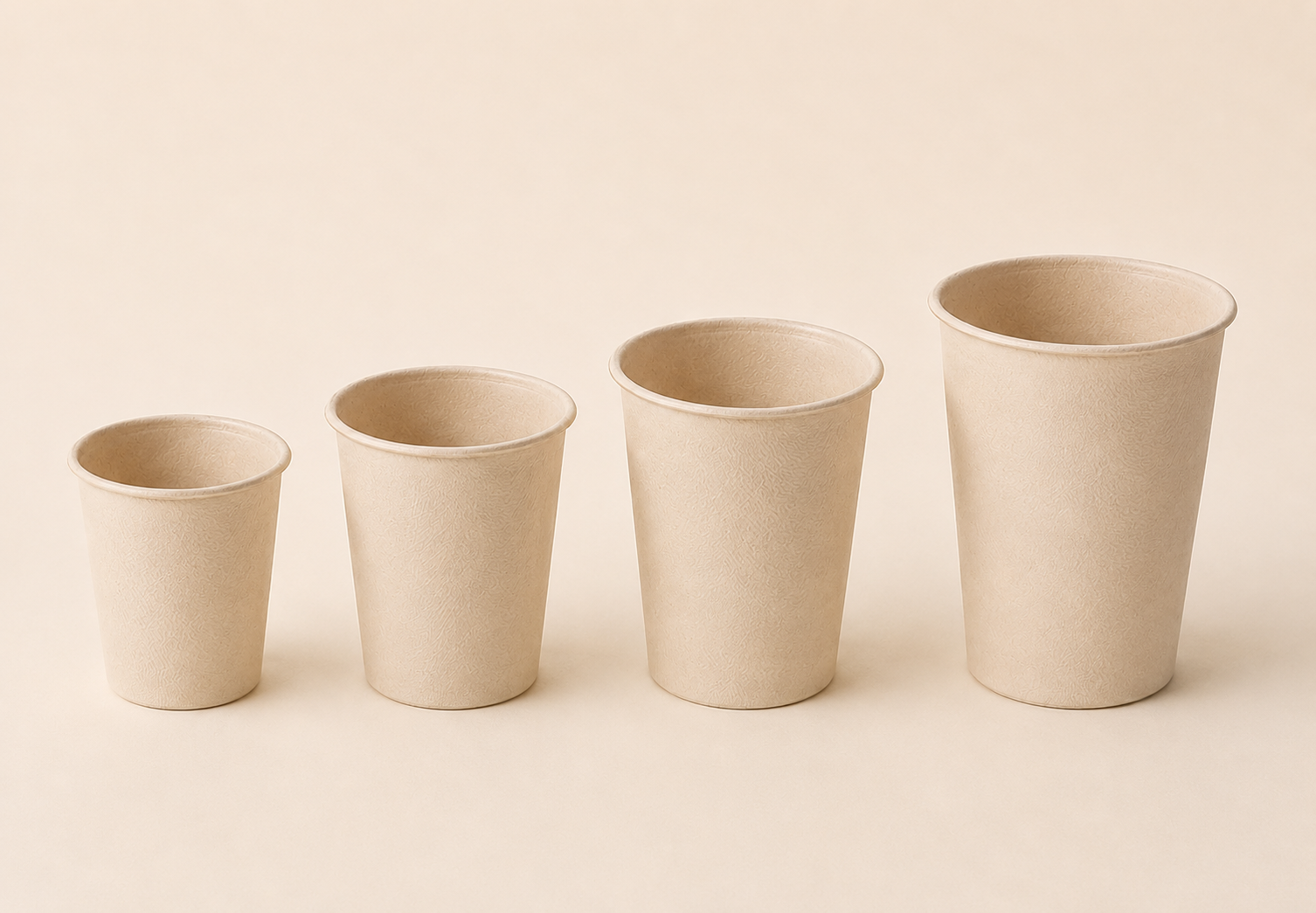 Molded bamboo fiber cups in 6 oz, 8 oz, 12 oz and 16 oz sizes