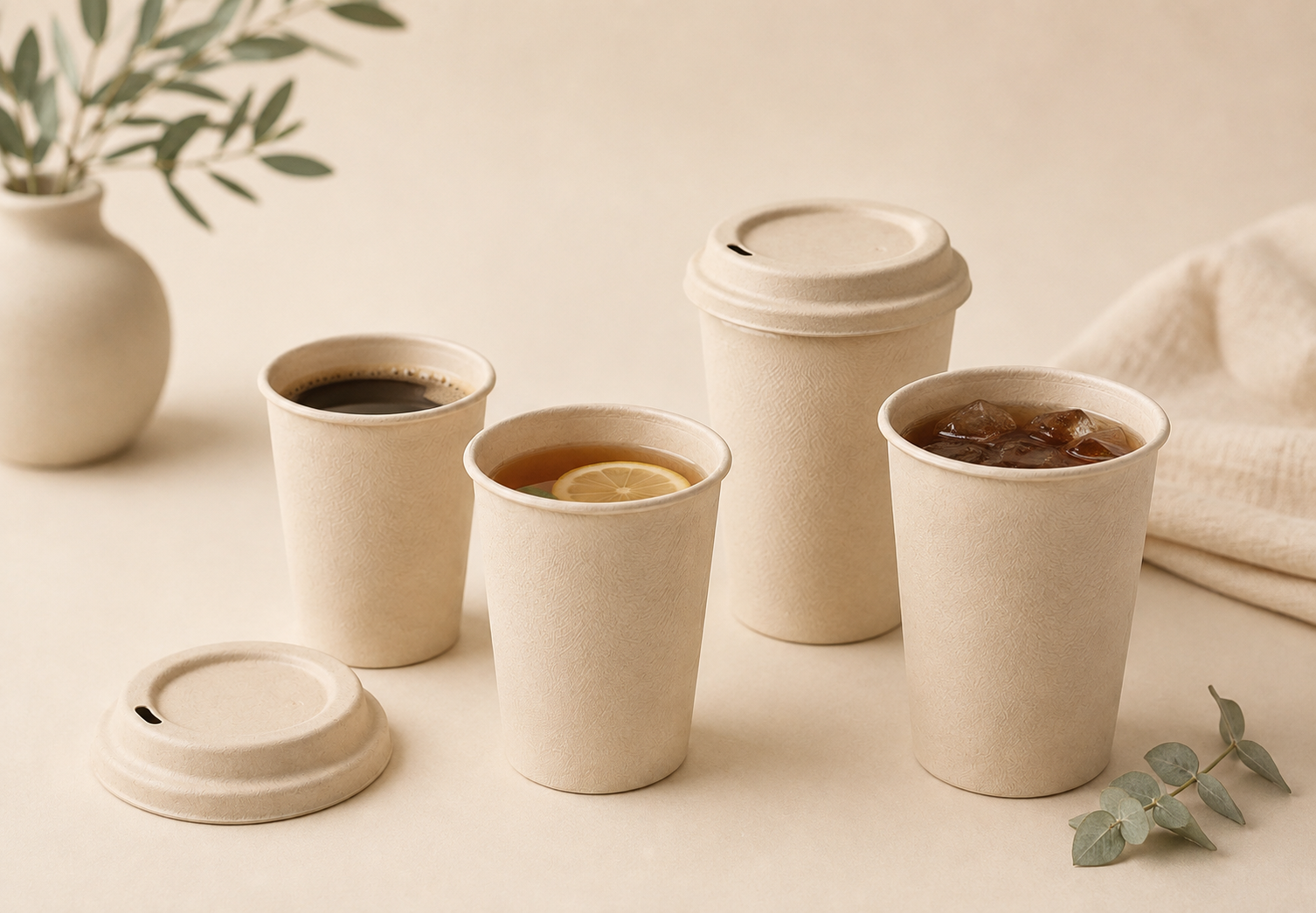 Bamboo fiber cups used for coffee, tea and cold beverage service