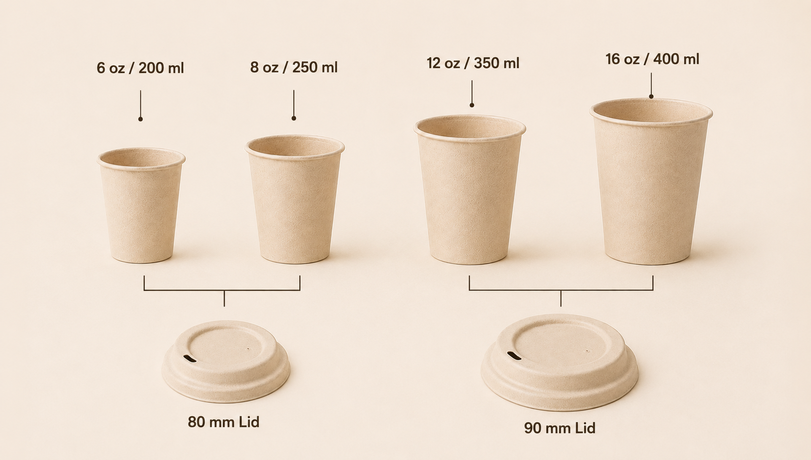 Molded bamboo fiber cups with matching bamboo fiber lids, showing 6 oz, 8 oz, 12 oz and 16 oz cup sizes with 80 mm and 90 mm lid compatibility.