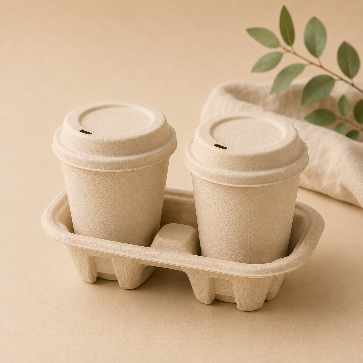 Bamboo fiber cups with lids and cup carrier for takeaway beverages