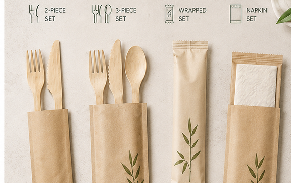Complete disposable cutlery sets with fork knife spoon wrapped sets and napkin kits for foodservice
